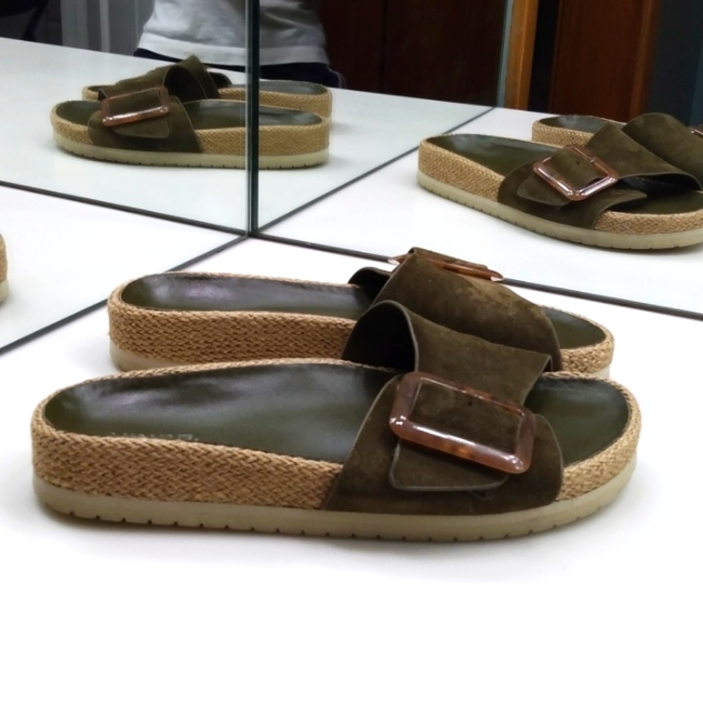 VINCE GRANT OLIVE SUEDE ESPADRILLE SLIDE SANDALS 9